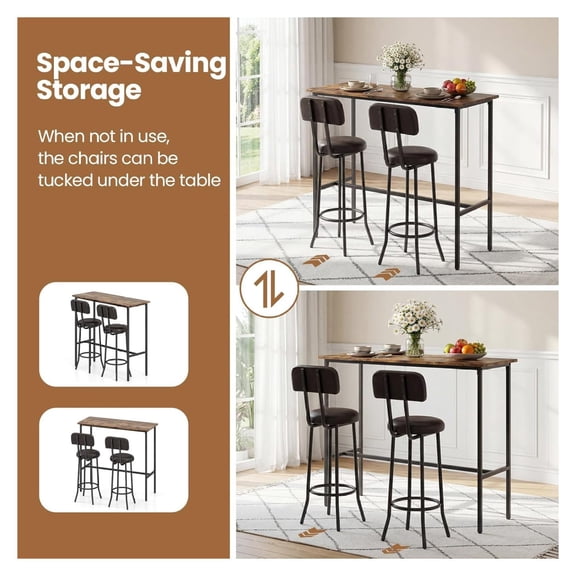 3-Piece Industrial Bar Table Set, Counter Height Rectangular Dining Table with 2 Upholstered Stools & Footrests, Space-Saving Pub Table & Stools Set for Dining Room & Living Room