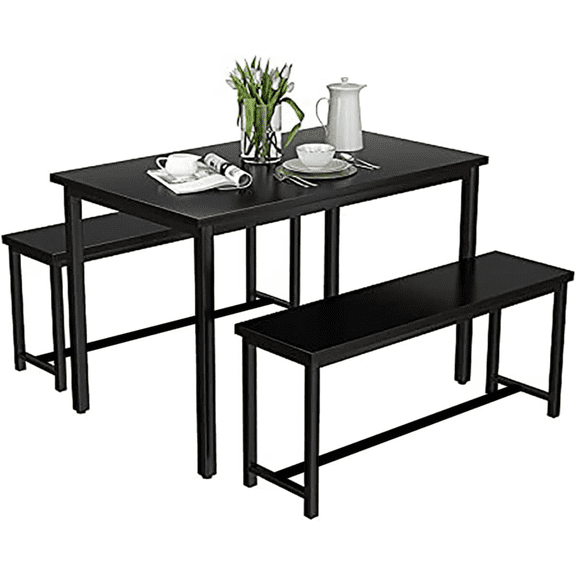 3-Piece Industrial Dining Table Set | Kitchen Table Furniture with 2 Benches, Space Saving Dinette | for Kitchen, Dining, Breakfast Nook (Black)