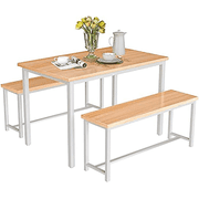 3-Piece Industrial Dining Table Set | Kitchen Table Furniture with 2 Benches, Space Saving Dinette | for Kitchen, Dining, Breakfast Nook Walnut