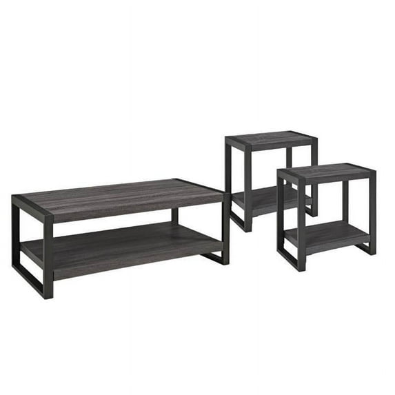 3 Piece Industrial Modern Coffee Table Set with Set of 2 End Tables and Coffee Table in Charcoal