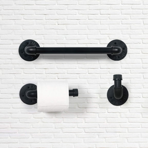 3-Piece Industrial Pipe Towel Holder Set Matte Black Wall Mounted Rustic Steel Bathroom Accessories Kit