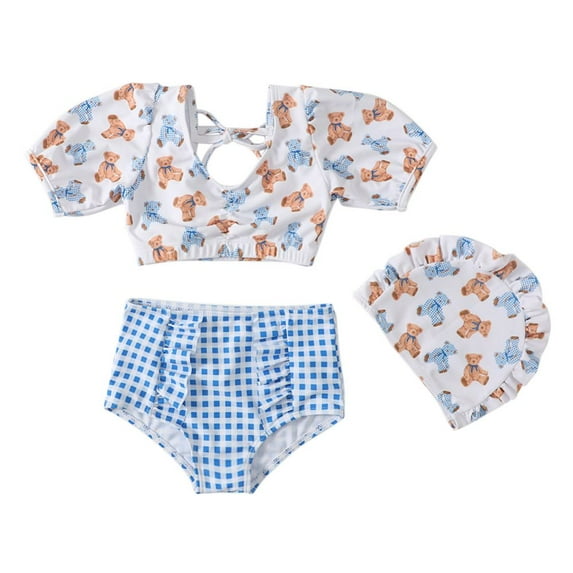 3 Piece Infant Baby Girl Bikini Swimsuit Cartoon Bear Swimwear Short-Sleeved Top+Bikini Bottoms +Swim Cap Toddler Bathing Suit Summer Outfit Set 1-10T