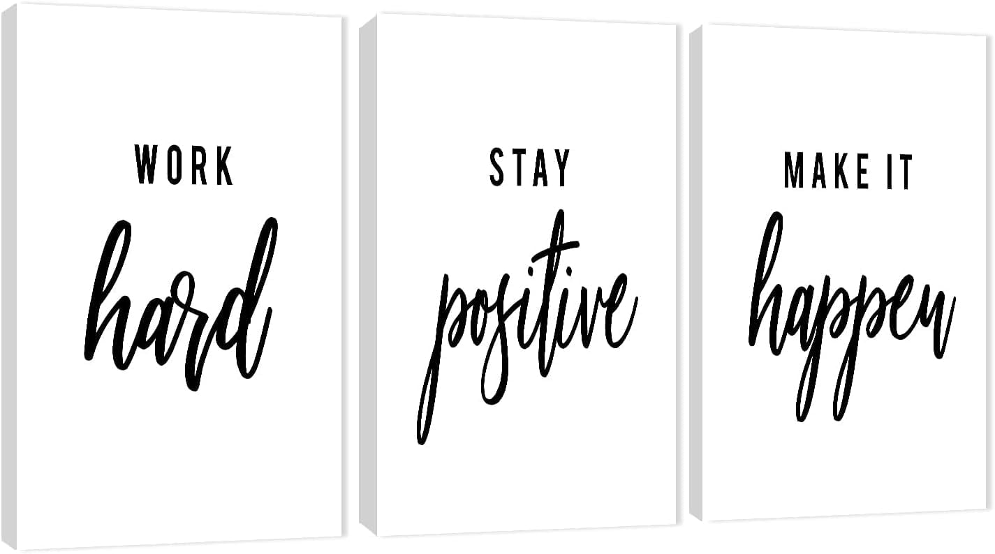3 Piece Inspirational Wall Art White Motivational Mindset Picture Quote Work Stay Make It Canvas Print for Office Decor Triptych Entrepreneur Poster Framed Artwork for Gym Wall Decor(36"Wx18" H)