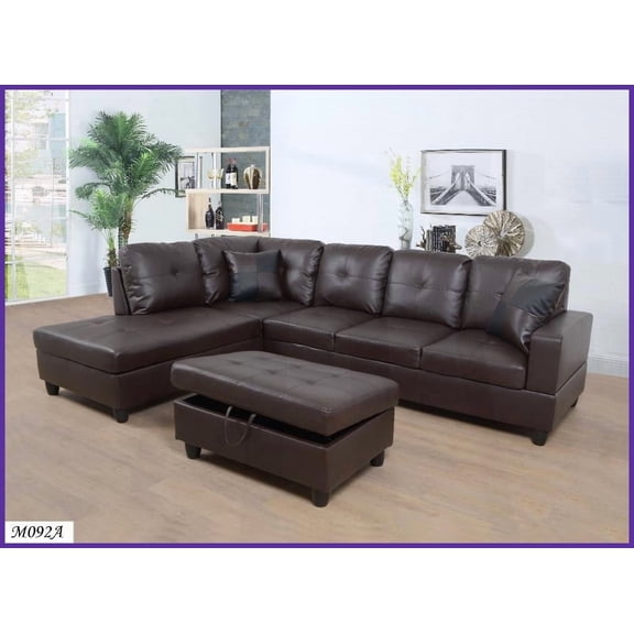 3-Piece Italian Minimalist Sectional Sofa with Storage Ottoman - Brown Microfiber & Faux Leather Living Room Set
