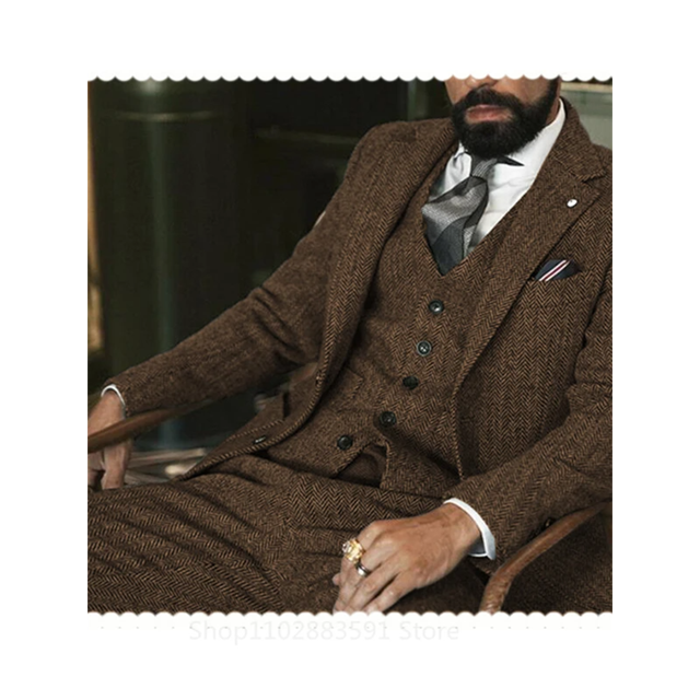 3 Piece (Jacket +Vest +Pants) Gray Wool Tweed Winter Men Suit's For
