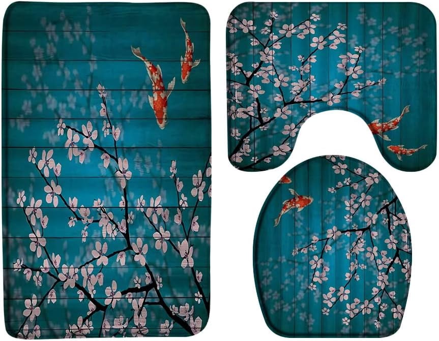 3 Piece Japanese Cherry Blossoms Koi Fish Bath Mat Asian Chinese ...
