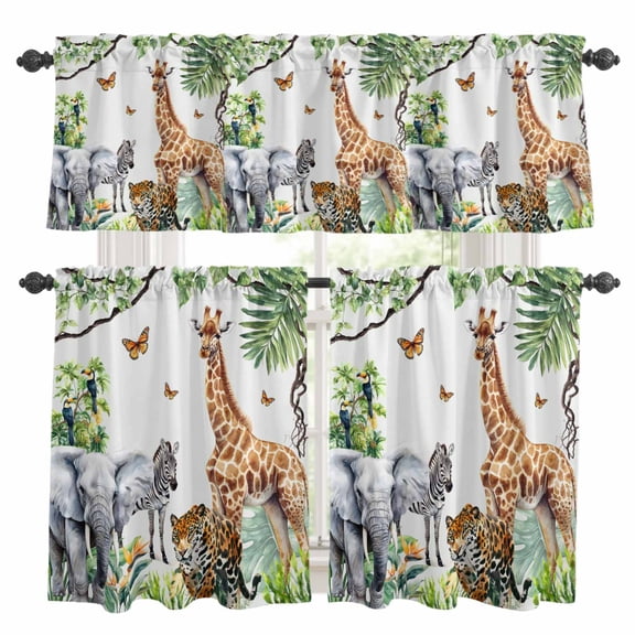 3 Piece Jungle Animals Kitchen Curtain Valance and Tiers Set Giraffe Zebra Elephant Tiger Hawaii Tropical Plant Rod Pocket Tier Curtain 36 Inch Small Window Drapes for Living Room Bedroom Cafe