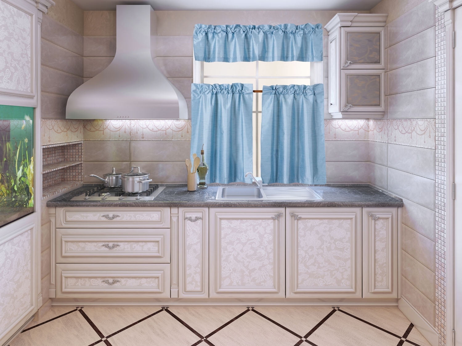 K3 3-Piece Light Blue Blackout Kitchen Curtain Set with Solid Tier ...