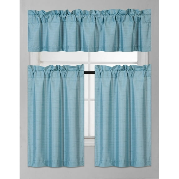 3-Piece K3 Teal Blackout Rod Pocket Kitchen Curtain Set, Two (2) Geometric Design Tier Panels With One (1) Matching Swag Valance Included