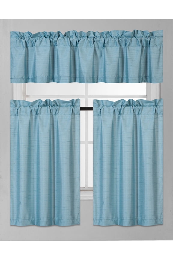 3-Piece K3 Teal Blackout Rod Pocket Kitchen Curtain Set, Two (2) Geometric Design Tier Panels With One (1) Matching Swag Valance Included
