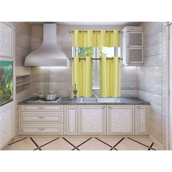 3-Piece K9 YELLOW Light Filtering 2 layered Bronze Grommest Kitchen Bathroom Curtain Set, Two (2) Tier Panels Solid Color Linen + One (1) Matching Swag Valance Included