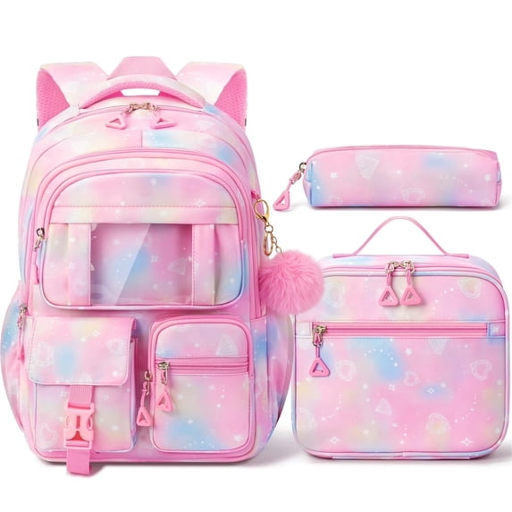 3-Piece Kawaii Backpack Set - Lightweigt Water Resistant Daypacks Travel Bookbag, Pink Blue