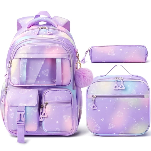 3-Piece Kawaii Backpack Set - Lightweigt Water Resistant Daypacks Travel Bookbag, Purple Pink