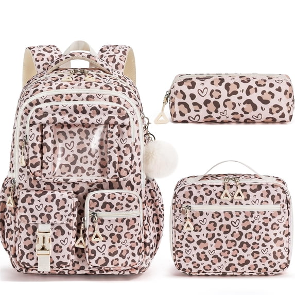 3-Piece Kawaii Backpack with Lunch Box & Pencil Case - Lightweigt Waterproof Daypacks Travel Bookbag, Heart Leopard