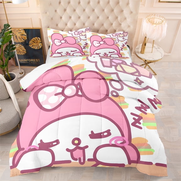 3-Piece Kawaii Melody Bedding Sets for All Season, Kids Girls Pink Comforter Set with Quilt & Pillowcases , Full Size