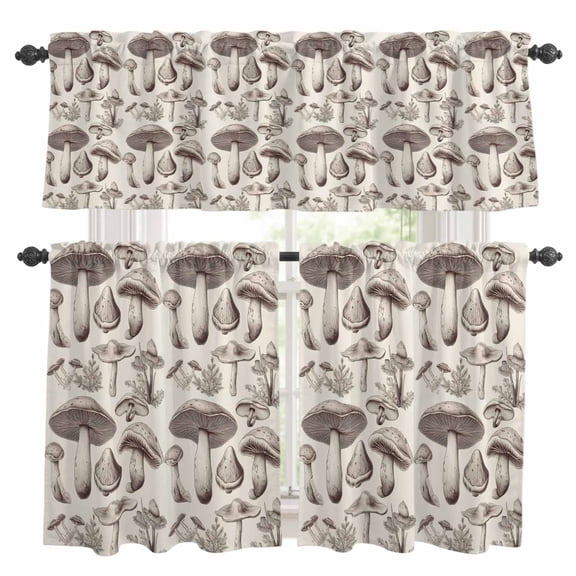3 Piece Khaki Mushroom Kitchen Curtain Valance and Tiers Set and Leaf Retro Nostalgic Style Rod Pocket Tier Curtain 24 Inch Small Window Drapes for Living Room Bedroom Cafe Home Decor