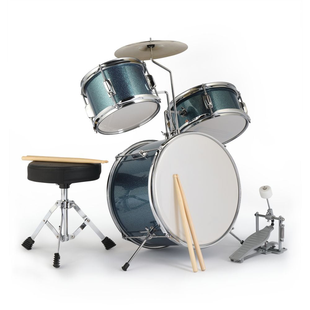 3-Piece Kid Drum Sets for Beginners, 14 inch Junior Drum Kit with Bass Drum, Tom-Tom Drum, 10" Cymbal, Bass Pedal & Round Drum Stool, Sky Blue