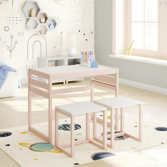 3-Piece Kids Activity Table Set, 1 Height Adjustable Table with 2  Chair for Boy & Girl Ages 3-10, Activity Tables for Building Blocks/Drawing/Reading/Dining, Pink+White