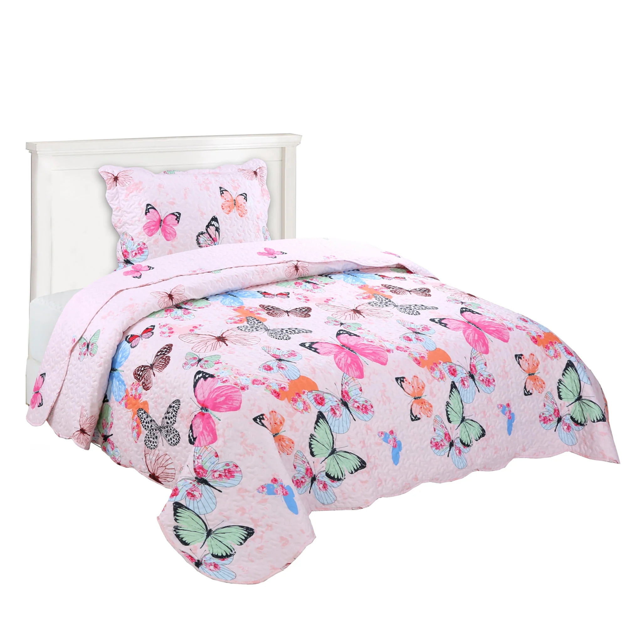 Full/Queen Pink Butterfly Microfiber Kids Quilt Set