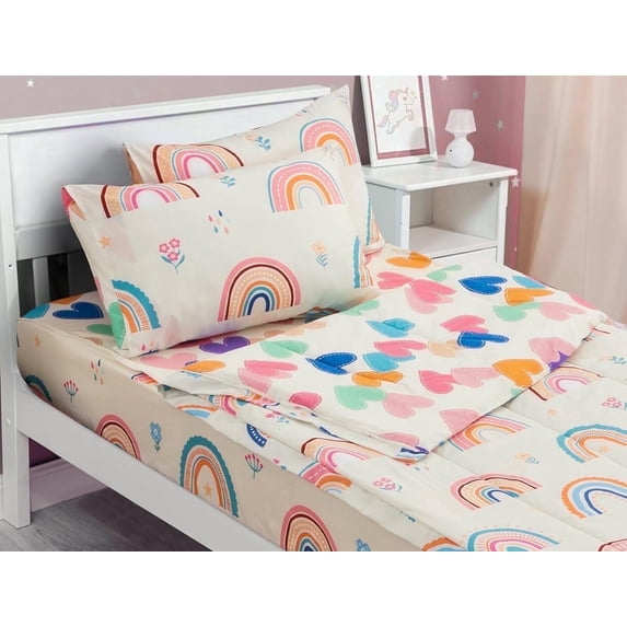 NTBED 3-Piece Kids Comforter Set Twin Zipper Bedding for Girls, Rainbow Comforter with Flower Pattern (Beige)