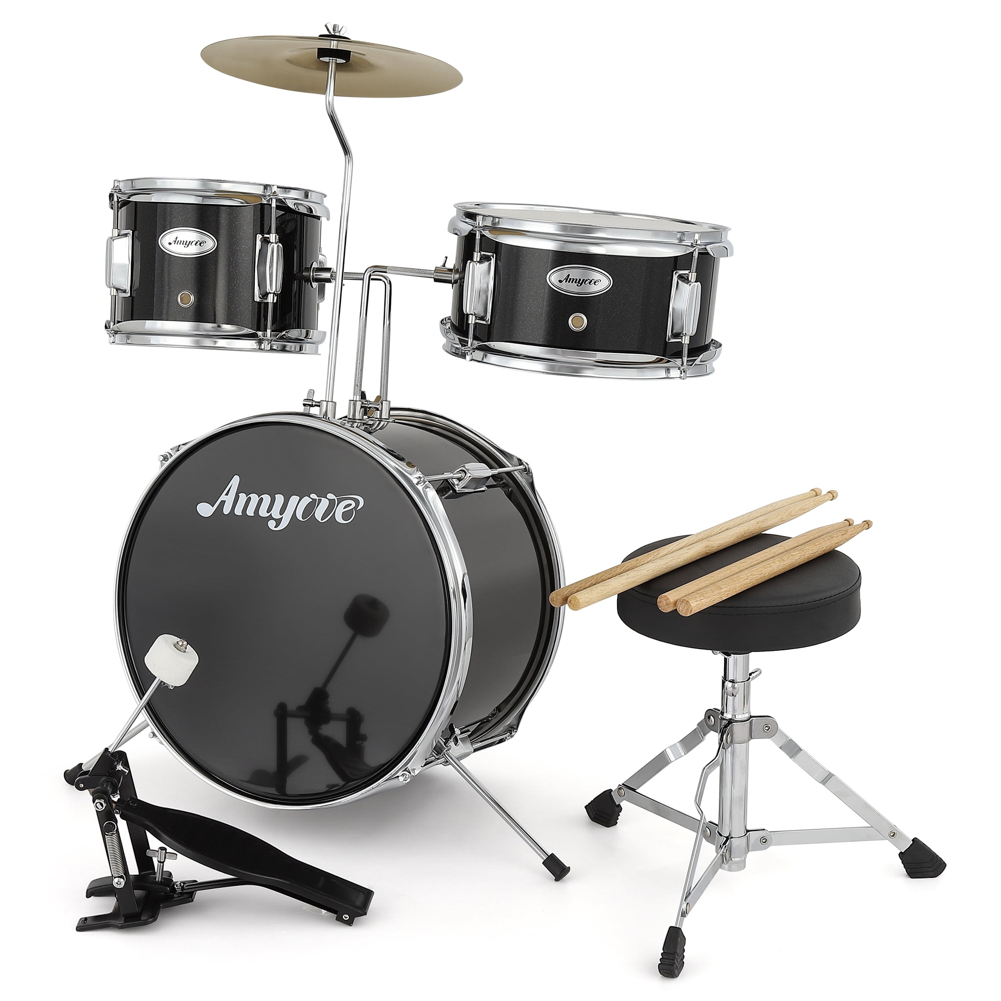 3 Piece Kids Drum Set, Junior Drum Set for Beginners with Bass Tom Snare Drum, 14.76 Inch Drum Kit with Snare, Cymbal, Drumsticks, Adjustable Seat (Black)