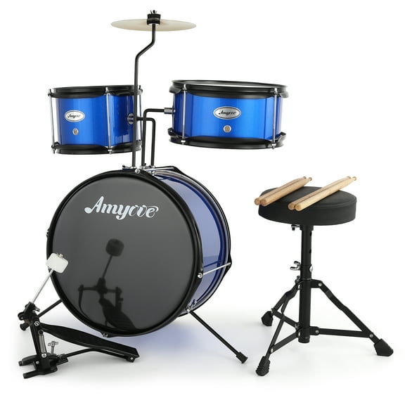 3 Piece Kids Drum Set, Junior Drum Set for Beginners with Bass Tom Snare Drum, 14.76 Inch Drum Kit with Snare, Cymbal, Drumsticks, Adjustable Seat (Blue)