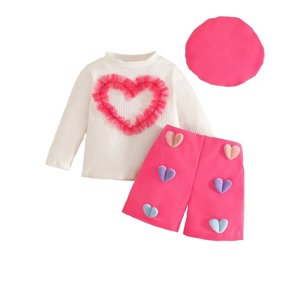 3 Piece Kids Girl Outfit Set Hearts Long Sleeve Top and Shorts with Beret for Valentine's Day Photo Shoot Hot Pink,Size 3-4 T
