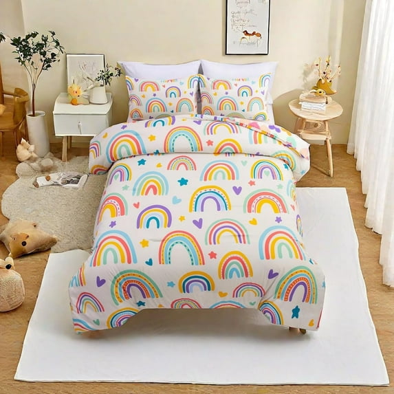 3 Piece Kids Rainbow Comforter Set Cartoon Love Hearts Suns and Stars Bedding Set for Girls Boys Kids Twin Beige