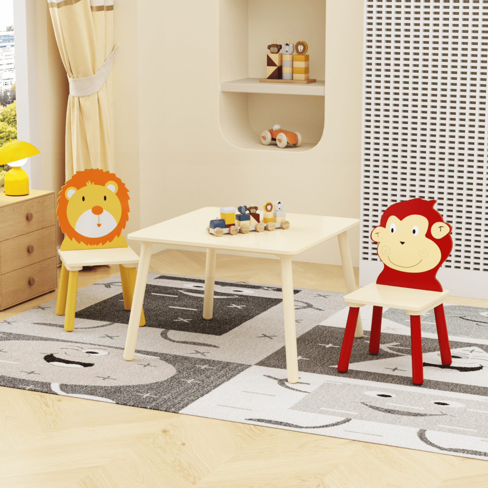 3-Piece Kids Table and 2 Chairs Set, Wooden Activity Play Set with Adorable Animal Prints, Solid Wood+MDF, 23.6" Square Table, Easy Assembly, for Toddlers' Art, Reading and Snack Time
