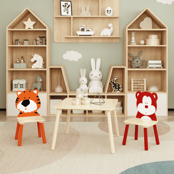 3-Piece Kids Table and 2 Chairs Set, Wooden Activity Play Set with Adorable Animal Prints, Solid Wood+MDF, 23.6" Square Table, Easy Assembly, for Toddlers' Art, Reading and Snack Time