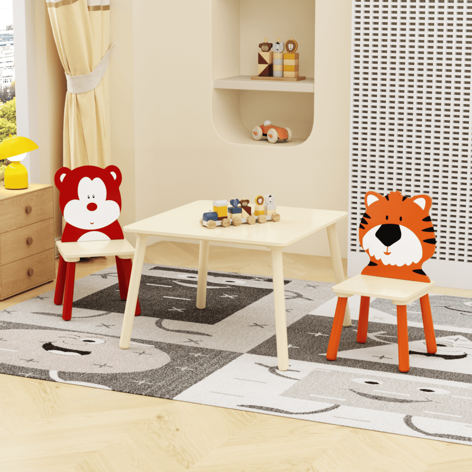 3-Piece Kids Table and 2 Chairs Set, Wooden Toddler Activity Play Table Set with Bear & Tiger Pattern, Solid Wood & MDF Construction, White & Orange, Easy Assembly for Playroom Nursery
