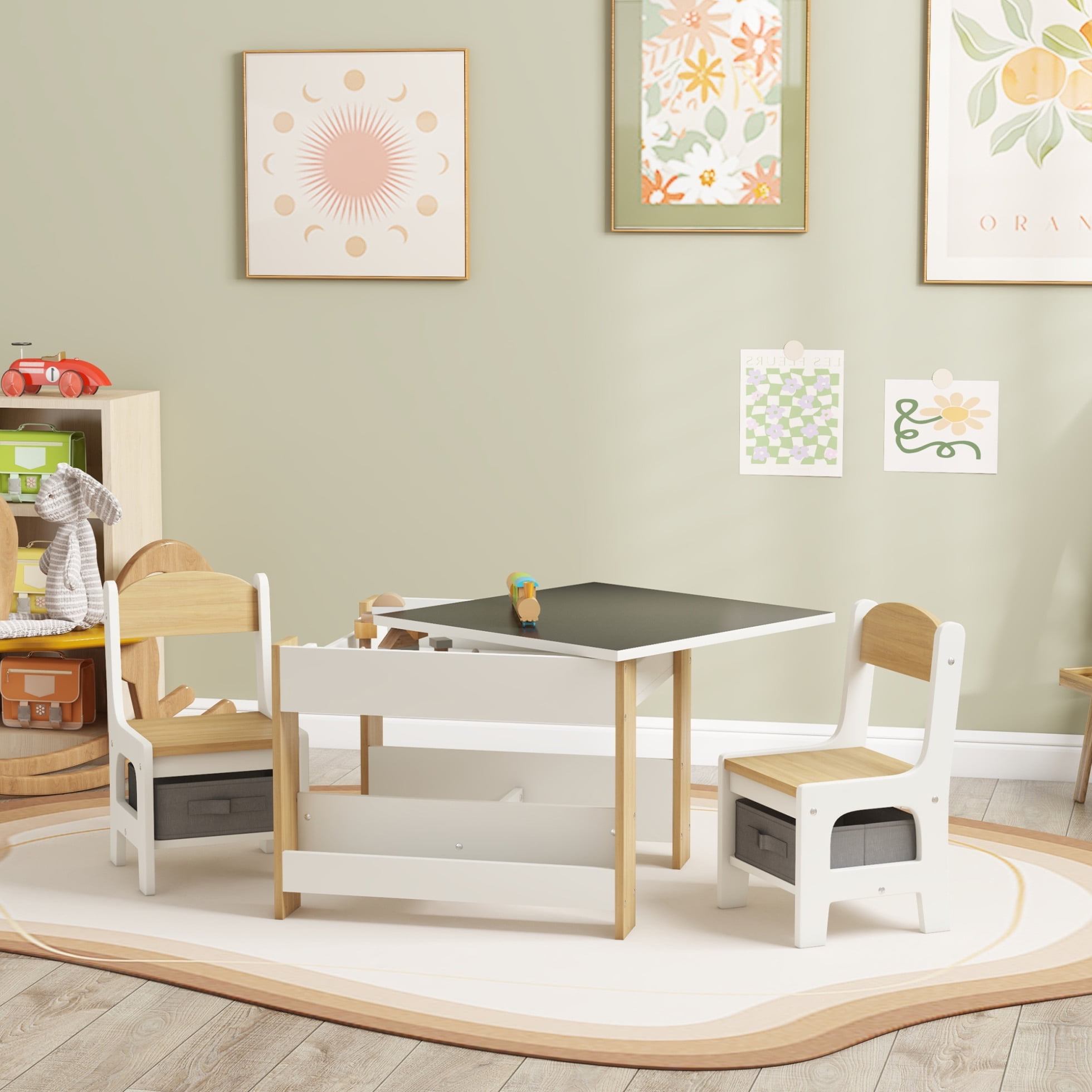 3 Piece Kids Table and Chair Set, 2 in 1 Toddler Table and Chair Set ...