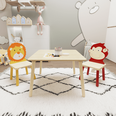 3 Piece Kids Table & Chairs Set for Age 3-8 Boy Girl, Wood Activity Play Table Set, Drawing Play Table Set with 2 Animals Chairs for Home, Nursery, Kindergarten, Natural(Lion&Monkey)