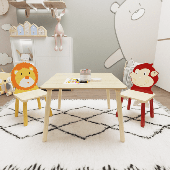 3 Piece Kids Table & Chairs Set for Age 3-8 Boy Girl, Wood Activity Play Table Set, Drawing Play Table Set with 2 Animals Chairs for Home, Nursery, Kindergarten, Natural(Lion&Monkey)
