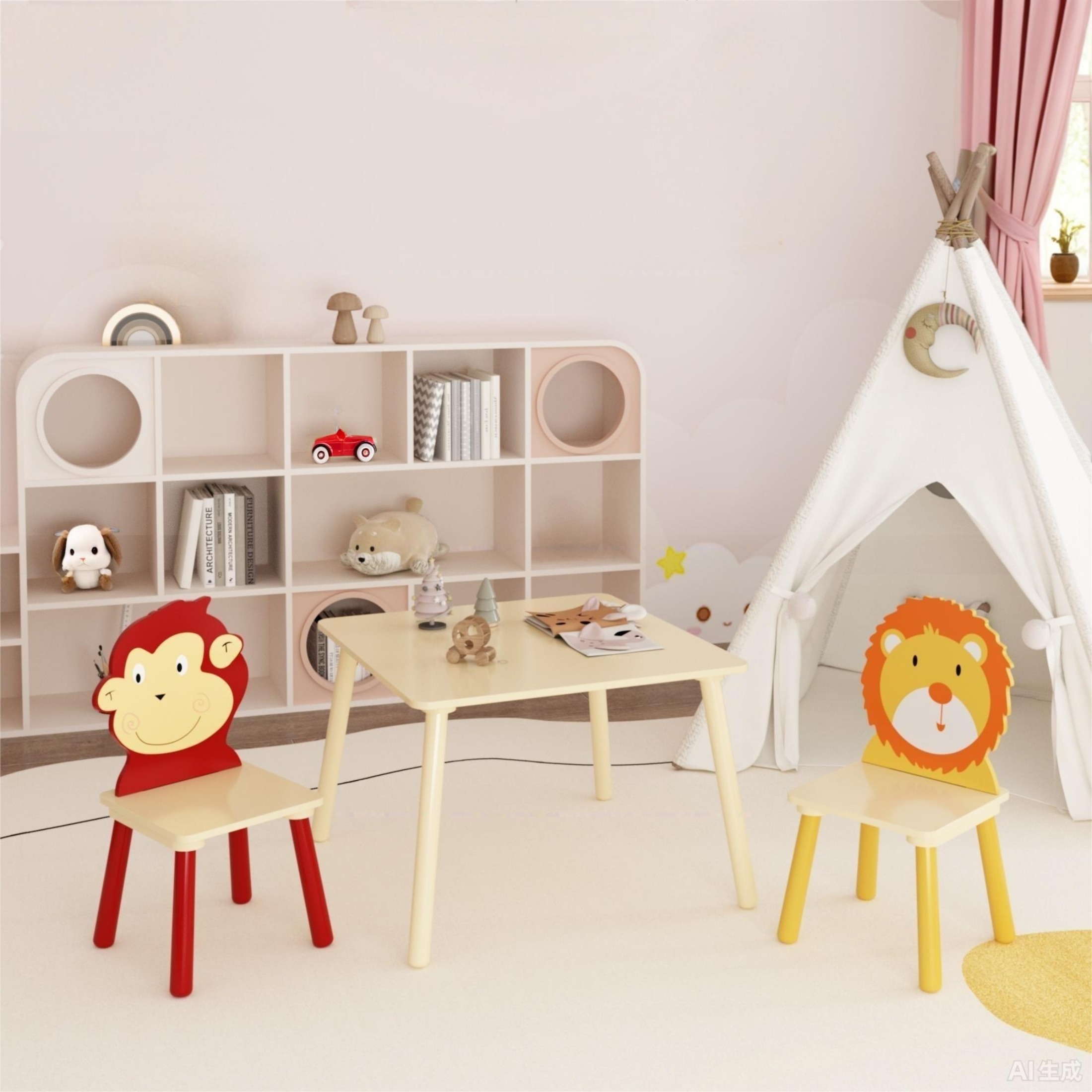 3 Piece Kids Table and Chair Set , Toddler Wood Table with 2 Chairs Set Cartoon Animals, Lion & Monkey