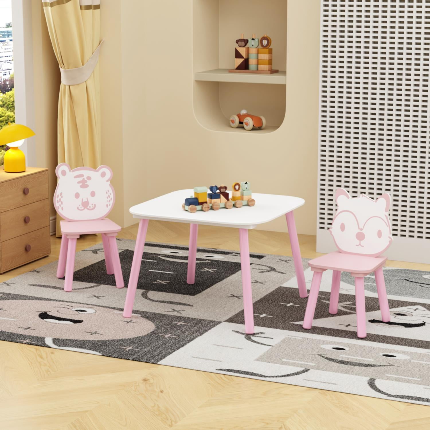 3-Piece Kids Table and Chair Set with Animal Backrest Chairs, Wooden Toddler Activity Desk and Play Table for Drawing and Learning, Pink and White