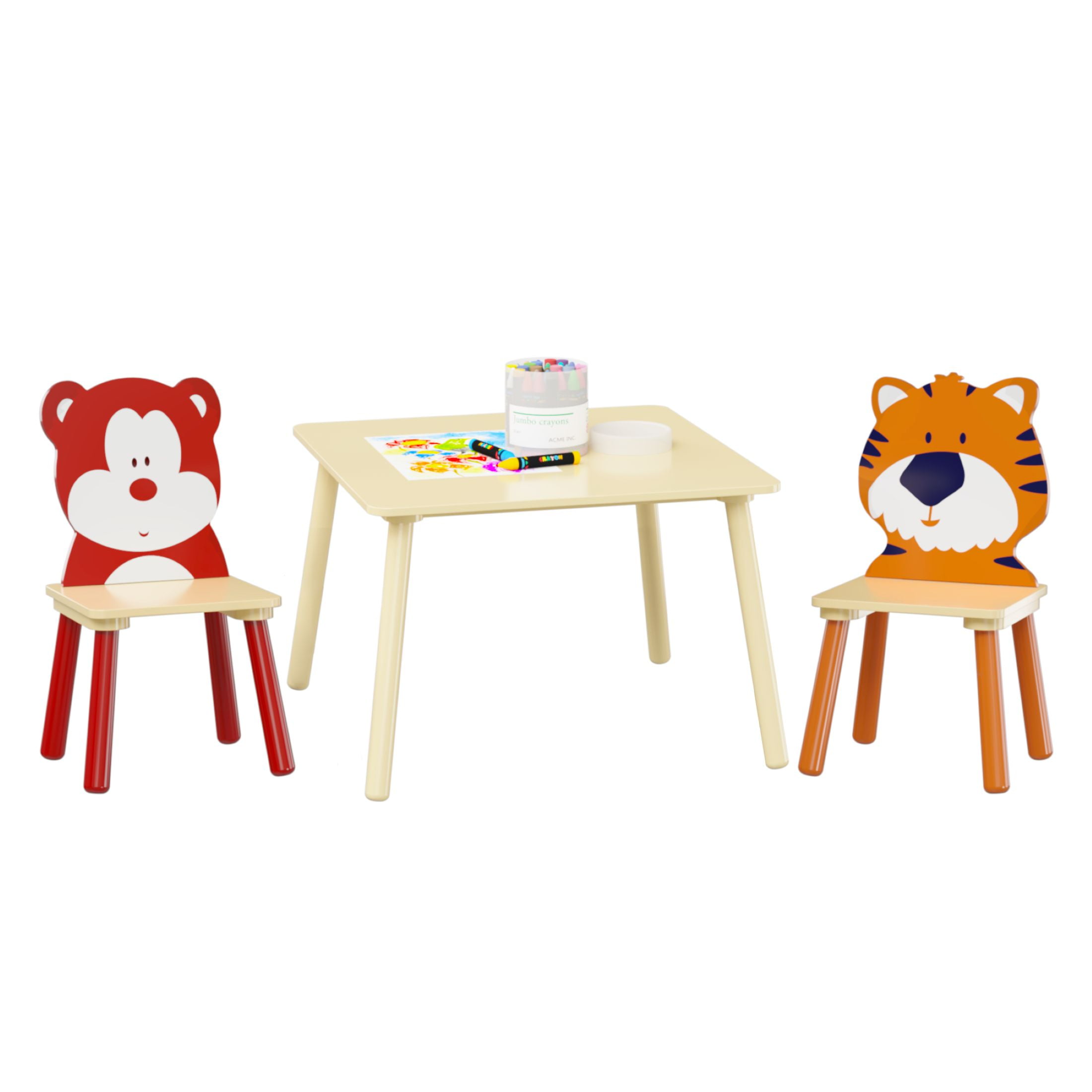 3 Piece Kids Table and Chairs Set Toddler Activity Table Wooden Animal ...