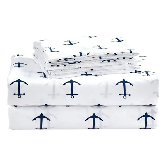 3-Piece Kids/Teens Nautical Sheet Set - Soft Microfiber White Navy Anchors, Twin Size