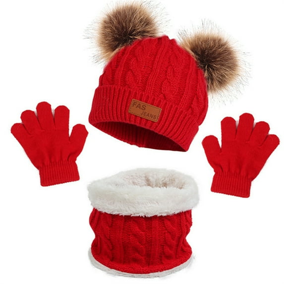 3 Piece Kids Winter Hat Scarf Gloves Set, Hat Warm Beanie Hat Boys Gloves Round Scarf Set for Kids 1-5 Years Old,Red