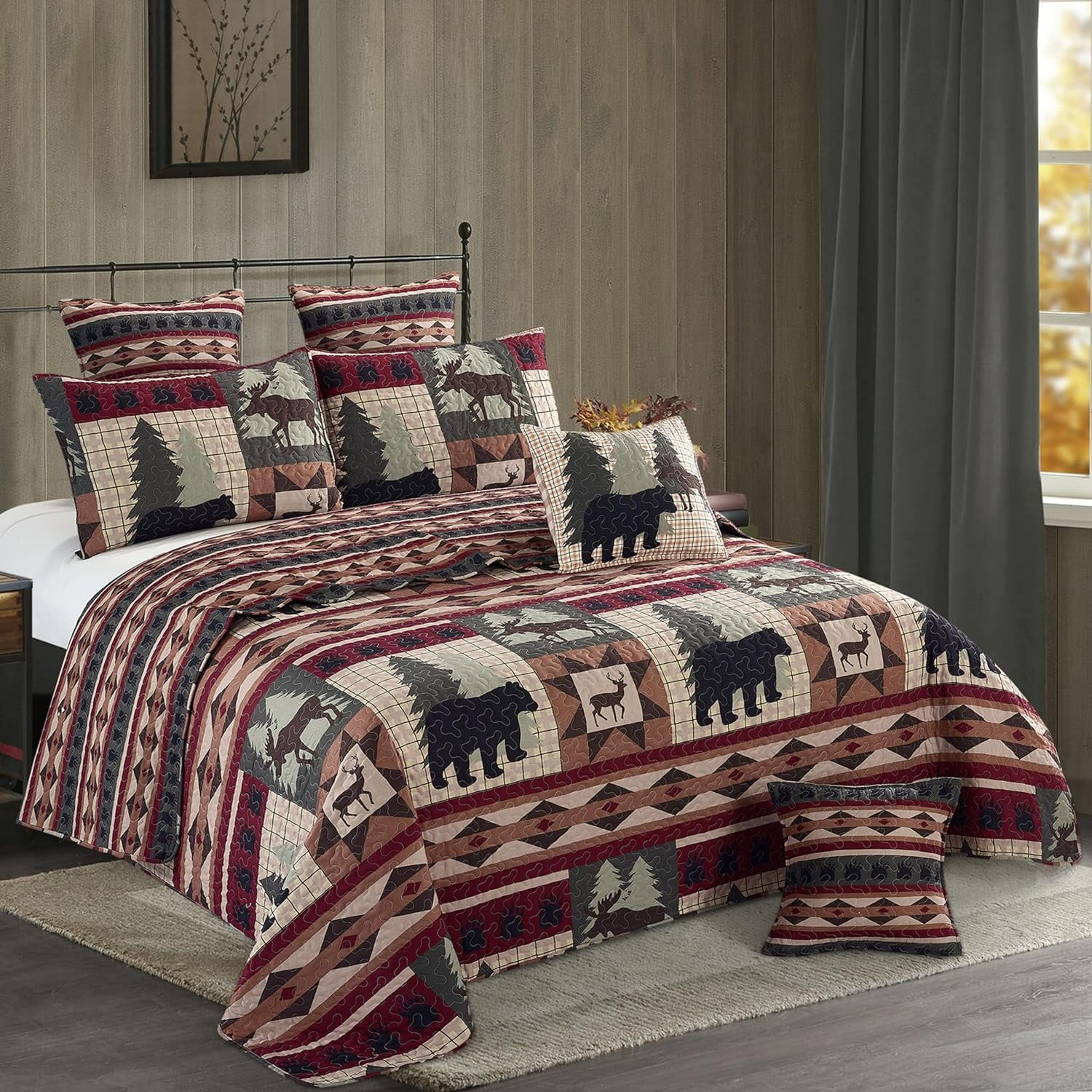 3 Piece King Lodge Quilt Bedding Set Wildlife Patch Rustic Cabin