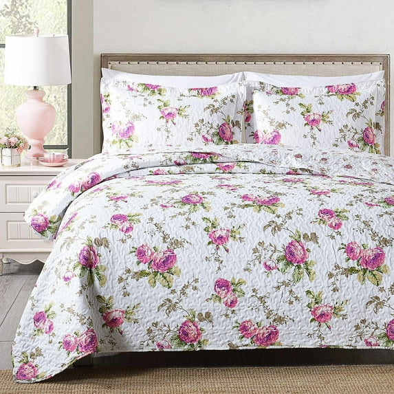 3-Piece King Quilt Set, GREAGLE Lightweight Soft Bedspread Coverlet (104x90 in) Bedding Set with 2 Pillow Shams (20x36 in), Rose Floral Print