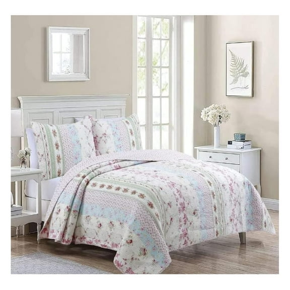 3 Piece King Quilt Set Shabby Patchwork Vintage Pink Rose Chic