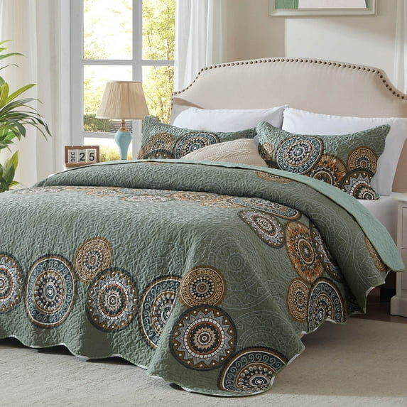 3-Piece King Size Bedspread Coverlet Set - Green Mandala Quilt with 2 Pillow Shams, Microfiber