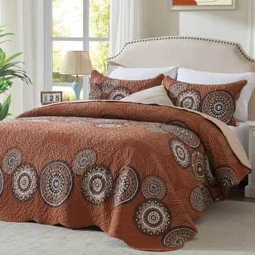 3-Piece King Size Bedspread Coverlet Set - Orange Mandala Quilt with 2 Pillow Shams, Microfiber
