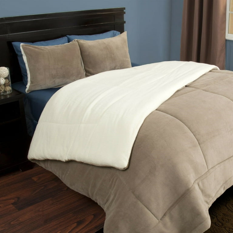 3 Piece King Size Comforter Set Sherpa Fleece Bedding with Pillow Shams Taupe