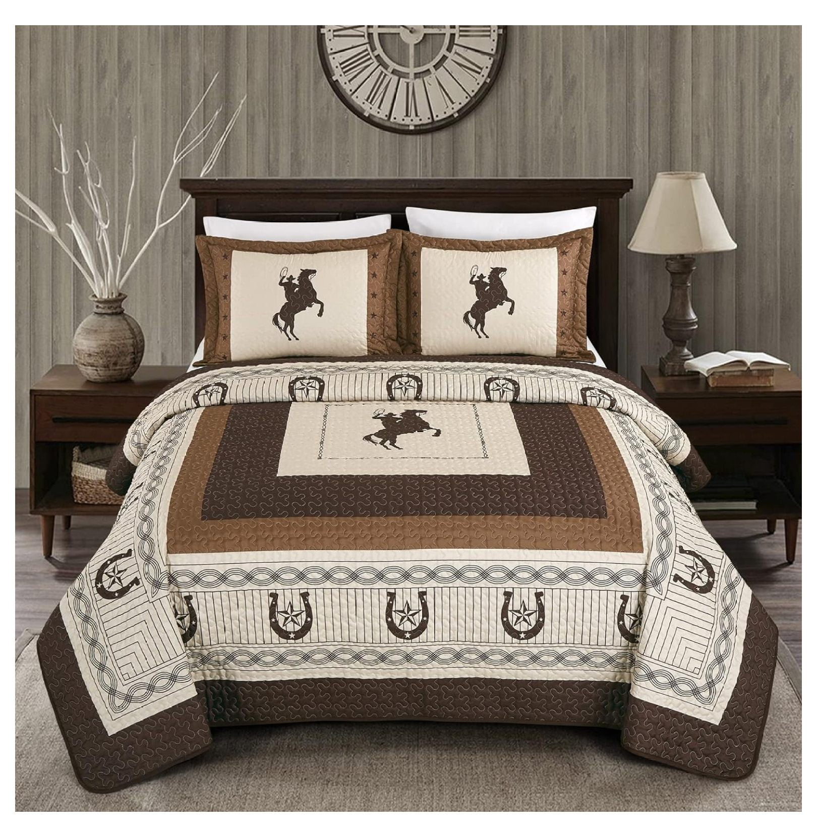 3 Piece King Size Quilt Bedspread Set with 2 Pillow Shams,Western