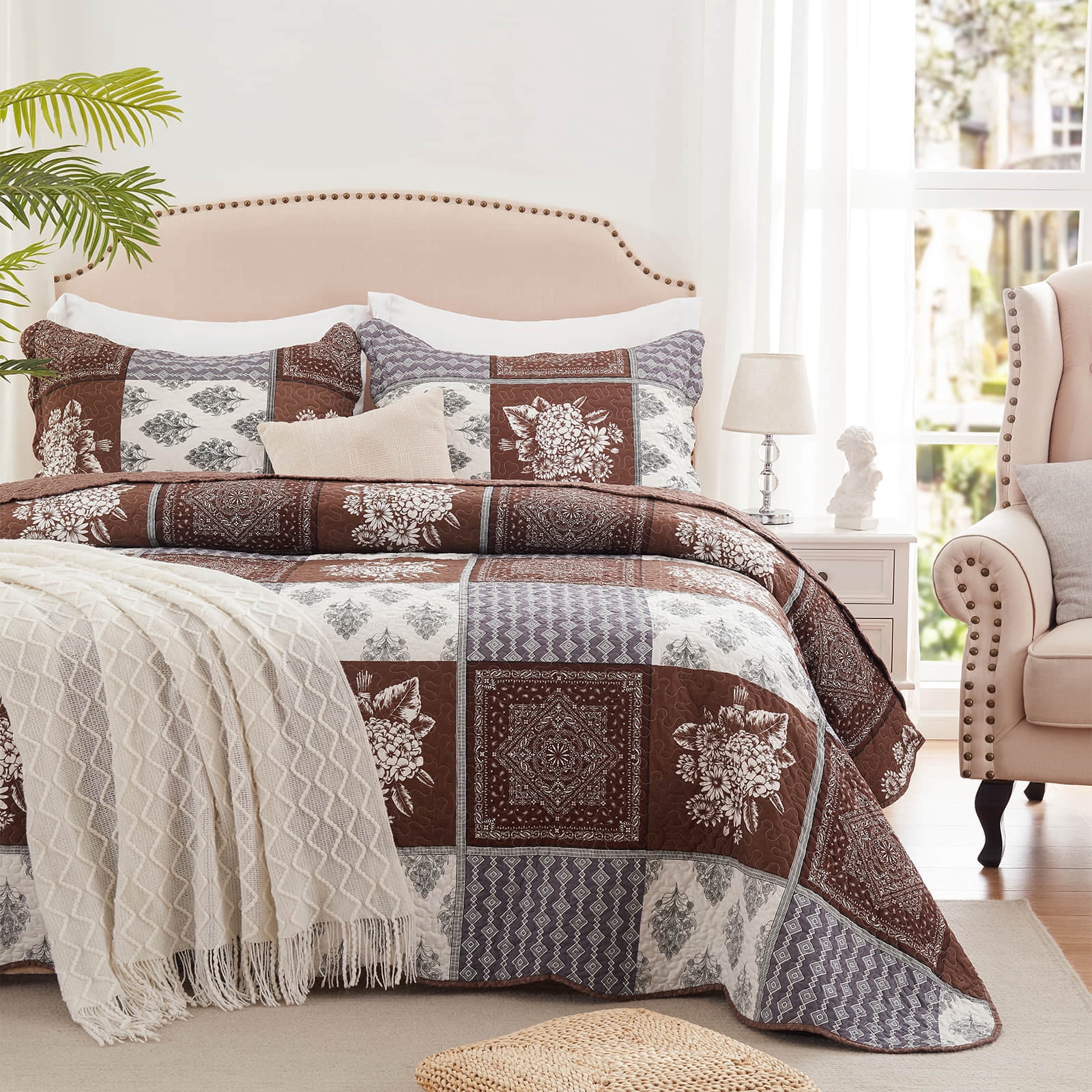 3-Piece King Size Quilt Set - Brown Patchwork Pattern Bedspread ...
