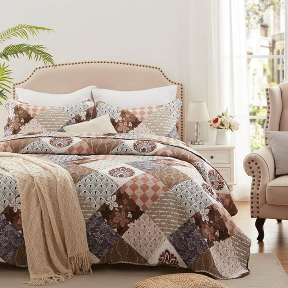 3-Piece King Size Quilt Set - Brown patchwork Bedspread Coverlet with 2 Pillow Shams, Microfiber
