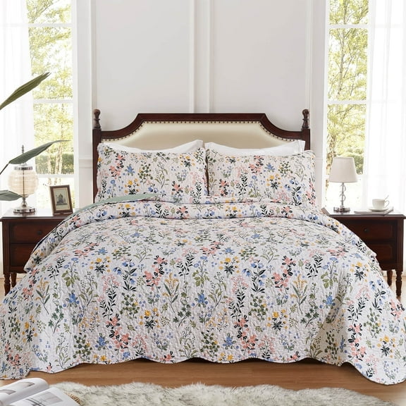 3-Piece King Size Quilt Set - Floral Garden Style Bedspread Coverlet with 2 Pillow Shams, Microfiber