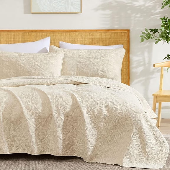 3 Piece King Size Quilt Set, Lightweight King Bedspread Coverlet Set (Beige)